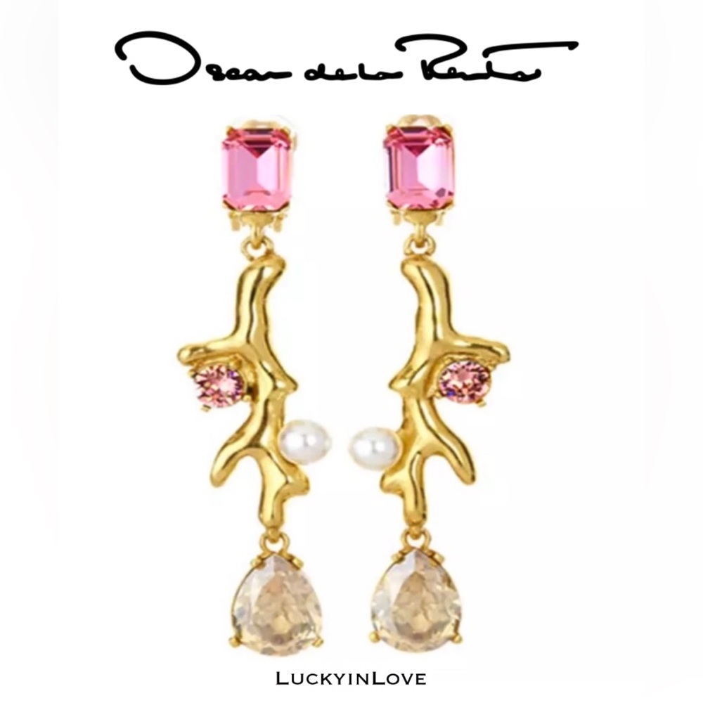 OSCAR de la RENTA Gold Pink Crystal Pearl Flora Branch Drop Earrings Branch